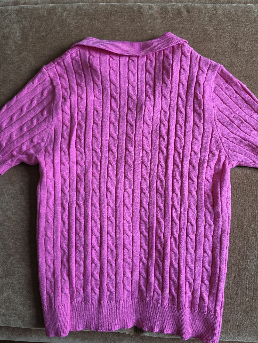 Cable Knit Sweater Short Sleeve Polo Top V Neck Bright Hot Pink Sz L - Picture 3 of 6